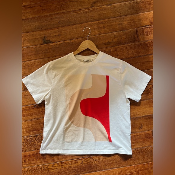 Marimekko T-shirt White with Graphic Art in Red and Tan Size L - Picture 6 of 13